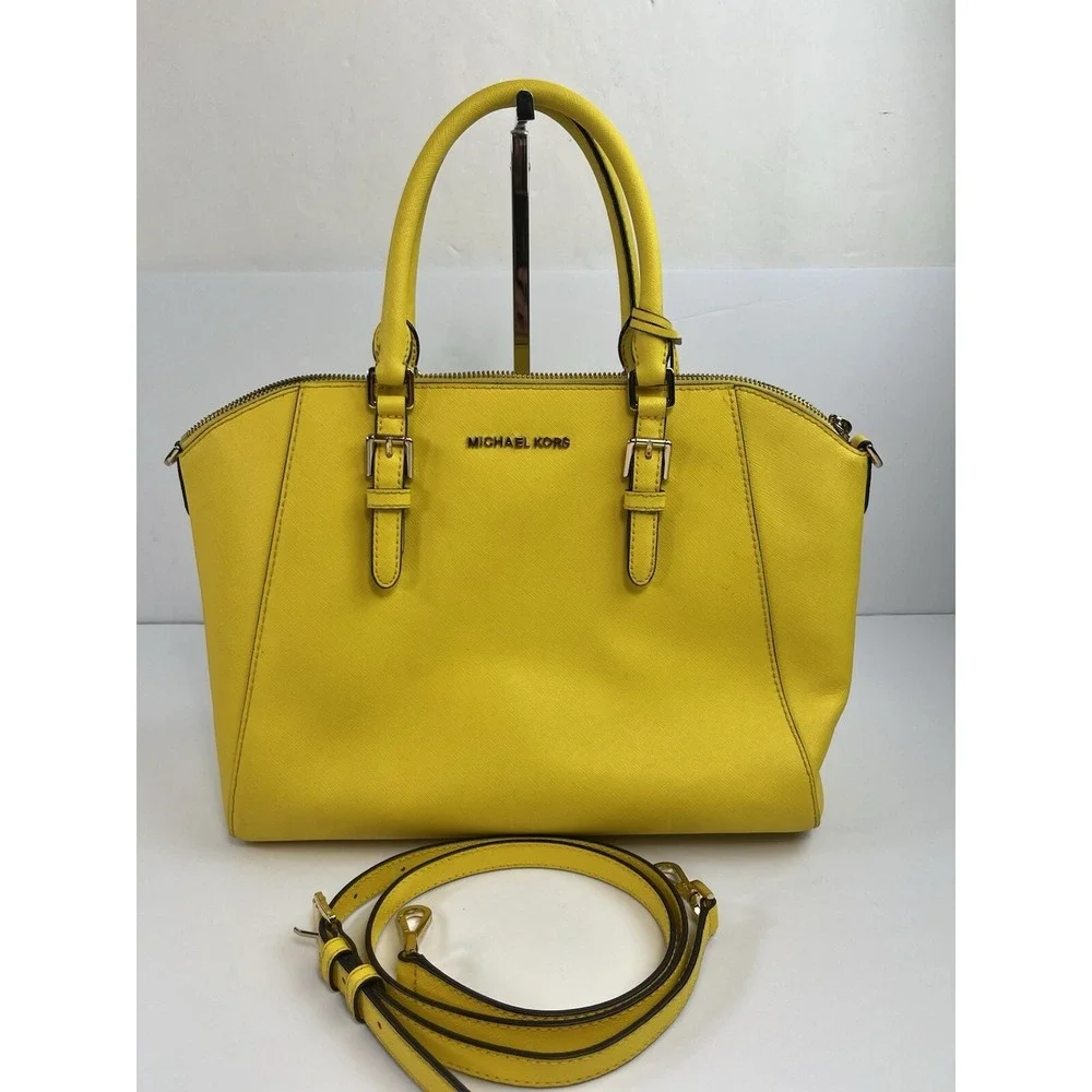 Michael Kors Ciara Large Saffiano Leather Top Zip Satchel Tote Bright Yellow